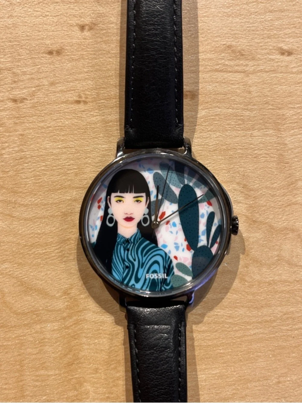 Fossil Black Strap Watch with Bijou Karman Illustrated Multicolor Dial